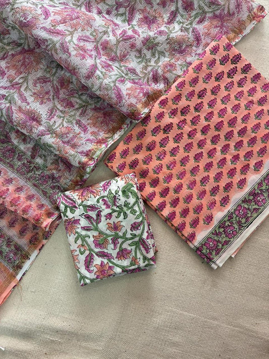 Tulip - Handblock Printed Cotton Suit Set with Kota Doriya Dupatta