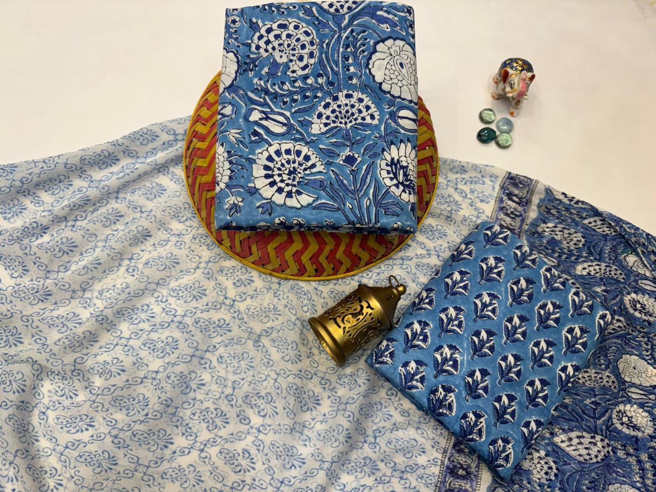 Satrangi Saaz – Handblock Printed Cotton Suit Set with Chiffon Dupatta