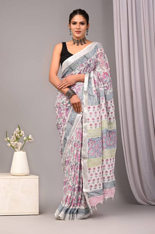 Rose Elegance Handblock Printed Linen Saree