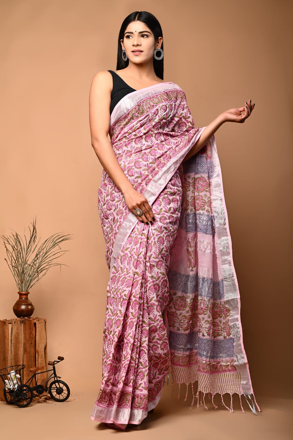 Opulence Shine Handblock Printed Linen Saree