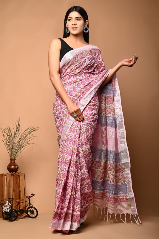 Opulence Shine Handblock Printed Linen Saree