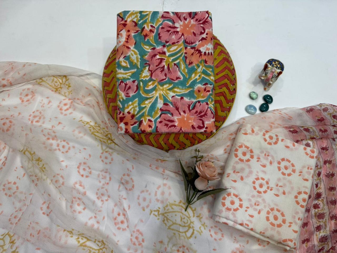 Gulnaar Grace – Handblock Printed Cotton Suit Set with Chiffon Dupatta