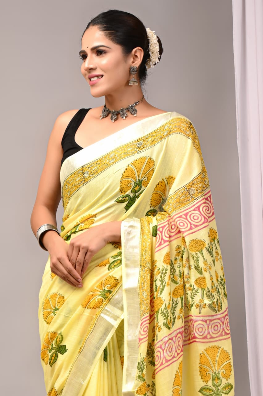 Emerald Charm Handblock Printed Linen Saree