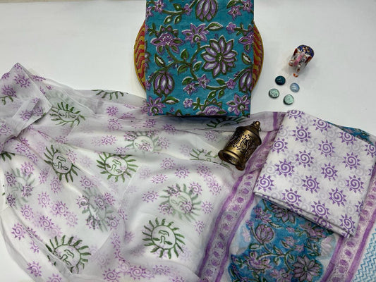 Gulbahar Glow – Handblock Printed Cotton Suit Set with Chiffon Dupatta