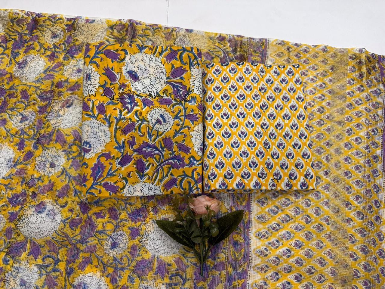 Peeliya - Handblock Printed Cotton Suit Set with Kota Doriya Dupatta