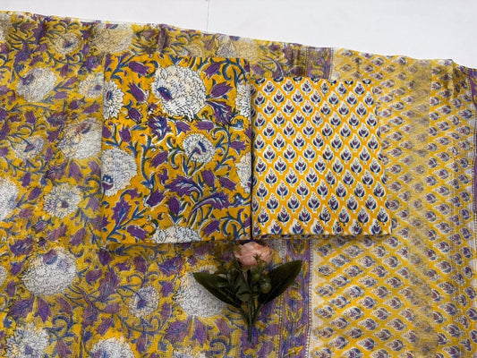 Peeliya - Handblock Printed Cotton Suit Set with Kota Doriya Dupatta