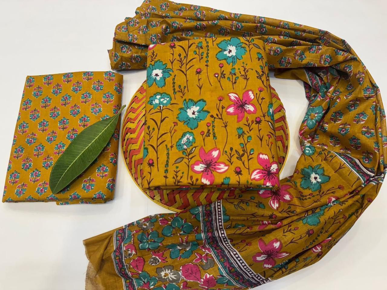 Whisper Weave Handblock Printed Cotton Suit Set with mul mul Dupatta