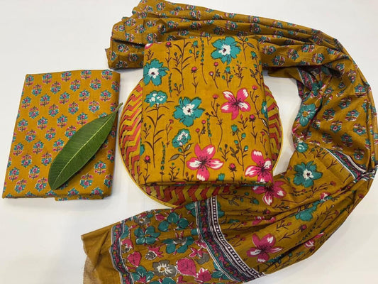 Whisper Weave Handblock Printed Cotton Suit Set with mul mul Dupatta