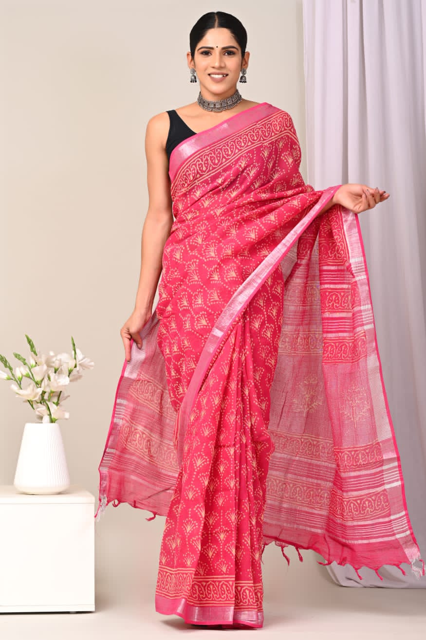 Radiant Wings Handblock Printed Linen Saree