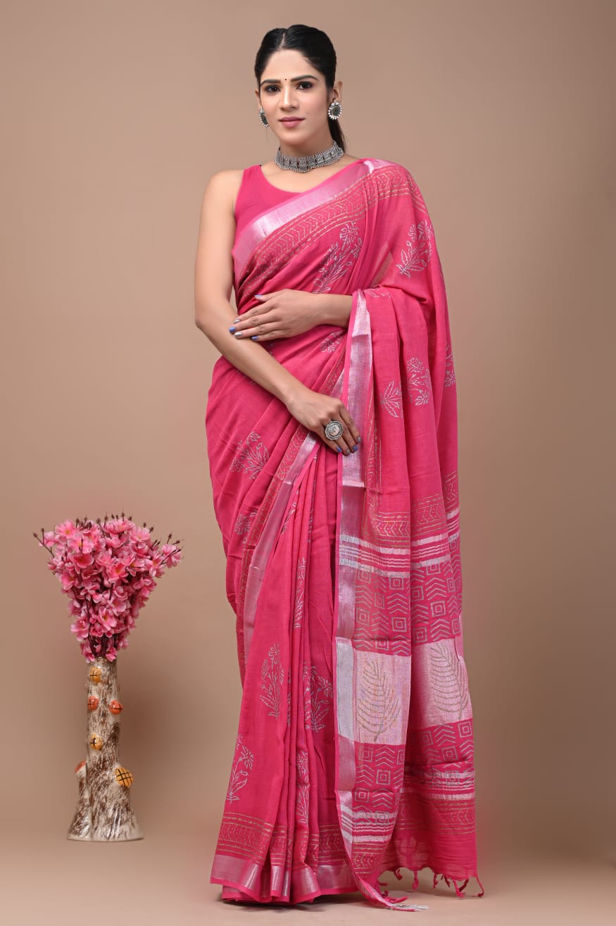 Sapphire Lake Handblock Printed Linen Saree