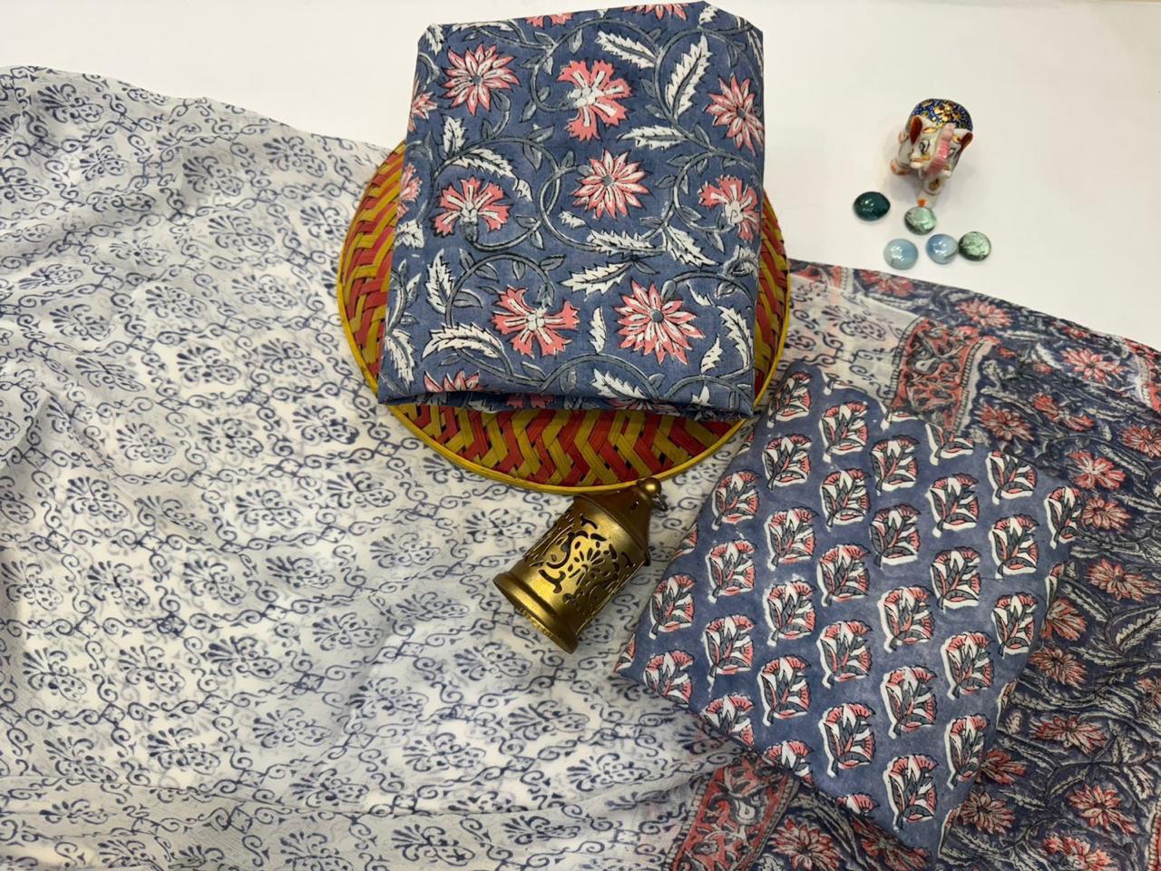 Sanjh Soot – Handblock Printed Cotton Suit Set with Chiffon Dupatta