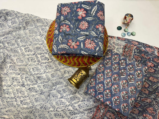 Sanjh Soot – Handblock Printed Cotton Suit Set with Chiffon Dupatta