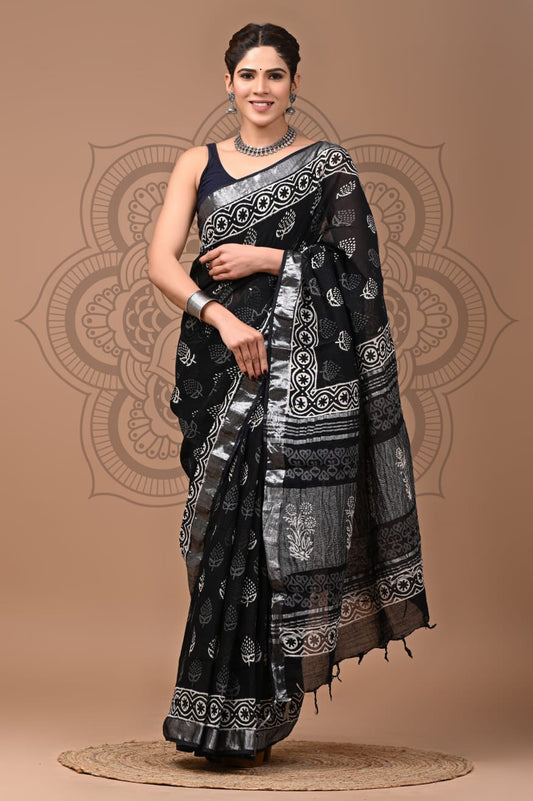 Diamond Aura Handblock Printed Linen Saree