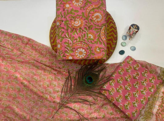 Aangan Aura – Handblock Printed Cotton Suit Set with Chiffon Dupatta