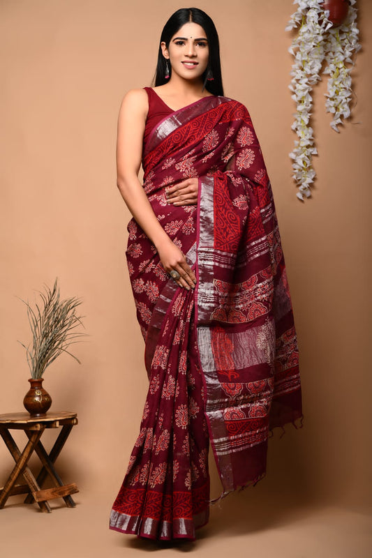 Rosewood Nest Handblock Printed Linen Saree