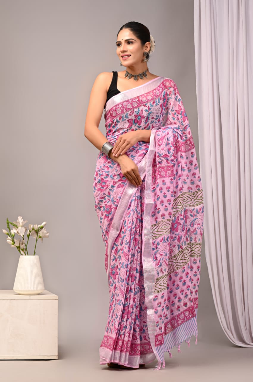 Opal Embrace Handblock Printed Linen Saree