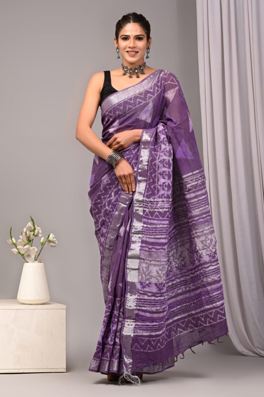 Opal Magic Handblock Printed Linen Saree