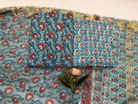 Fiyona - Handblock Printed Cotton Suit Set with Kota Doriya Dupatta