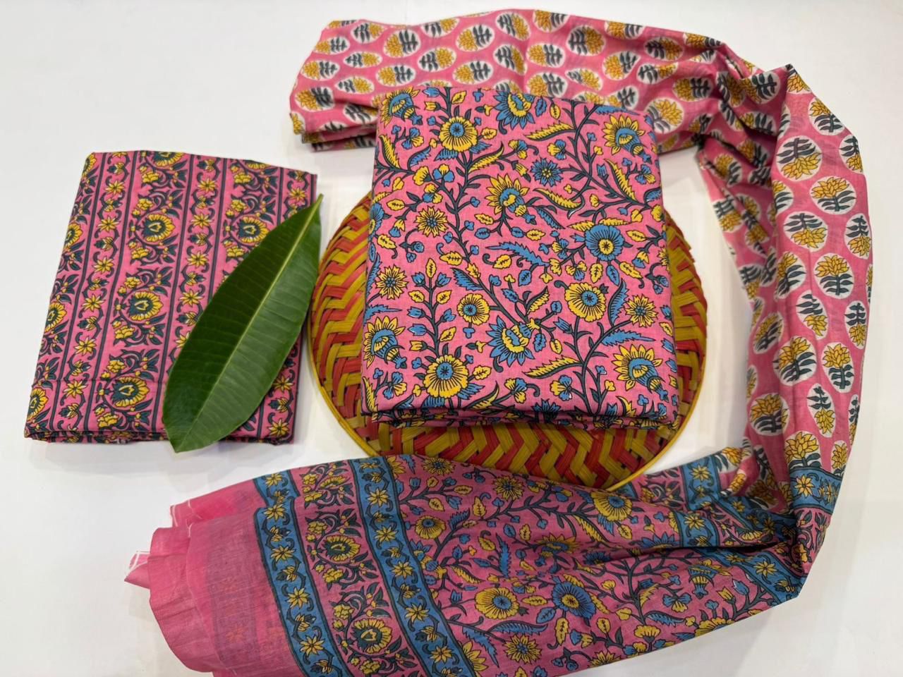 Sky Petal Handblock Printed Cotton Suit Set with mul mul Dupatta
