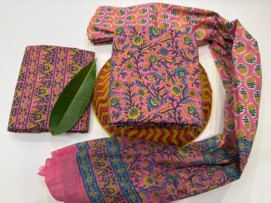 Sky Petal Handblock Printed Cotton Suit Set with mul mul Dupatta