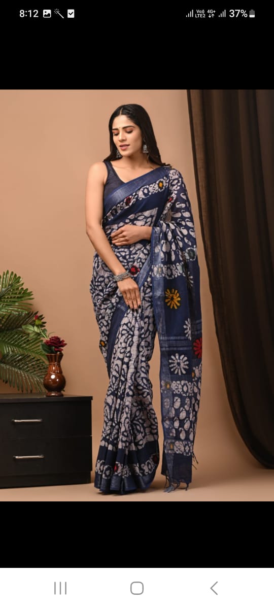 Sparkling Spirit Handblock Printed Linen Saree