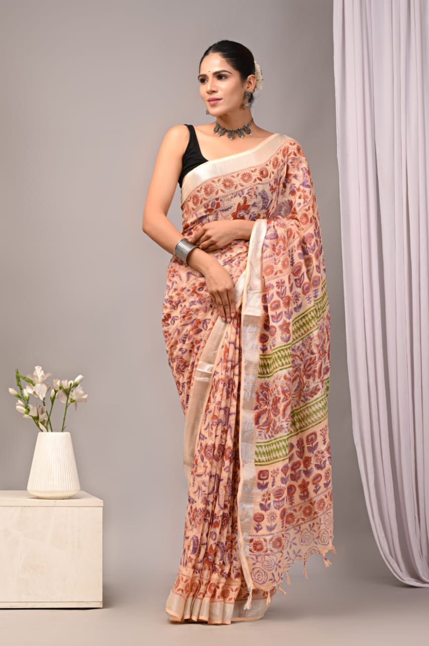 Pearl Blessing Handblock Printed Linen Saree