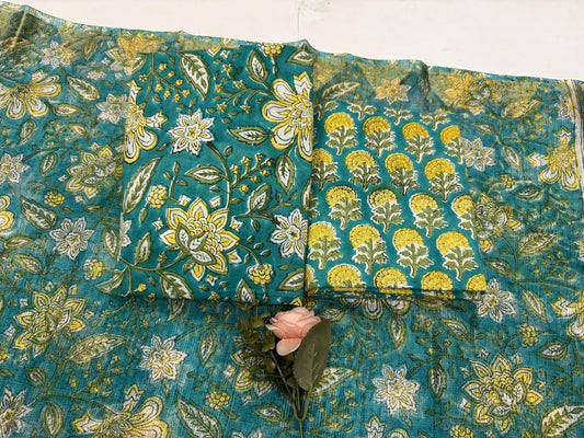 Seeground - Handblock Printed Cotton Suit Set with Kota Doriya Dupatta