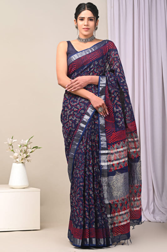 Rose Ray Handblock Printed Linen Saree
