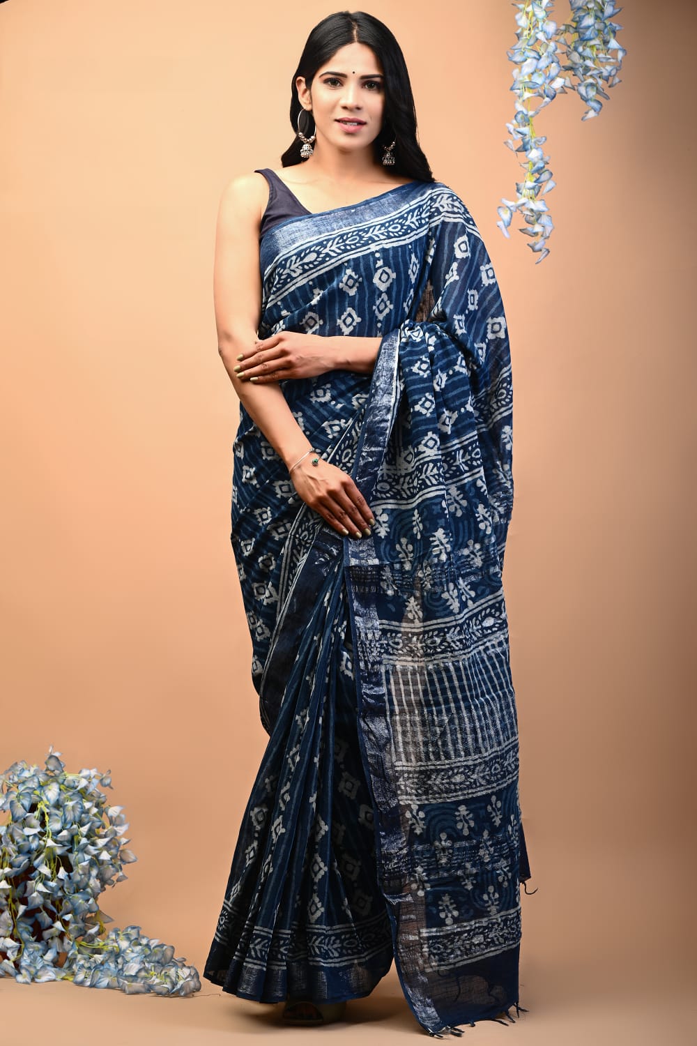 Breeze Essence Handblock Printed Linen Saree