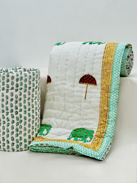Royal Elephant - Handblock Printed King Size Quilt Razai