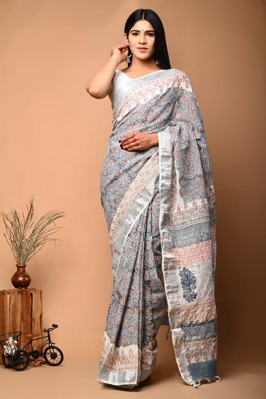Spring Lotus Handblock Printed Linen Saree