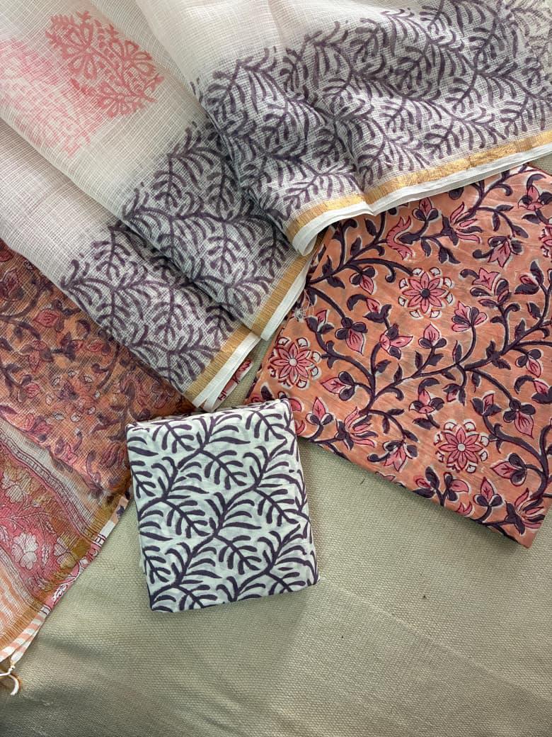 Seeground - Handblock Printed Cotton Suit Set with Kota Doriya Dupatta