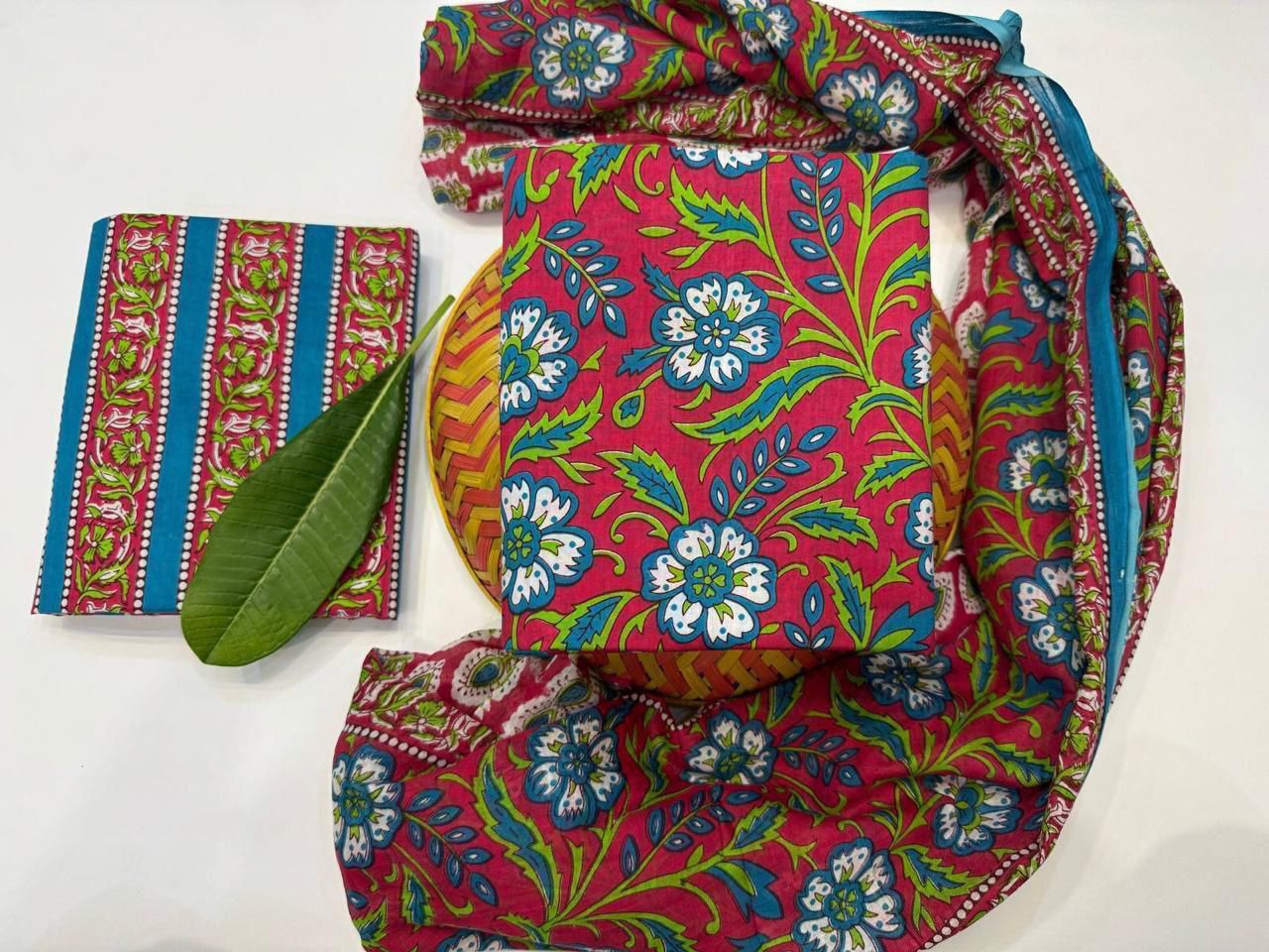 Feather Blossom Handblock Printed Cotton Suit Set with mul mul Dupatta