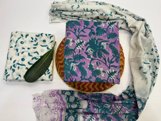 Petal Threads Handblock Printed Cotton Suit Set with mul mul Dupatta