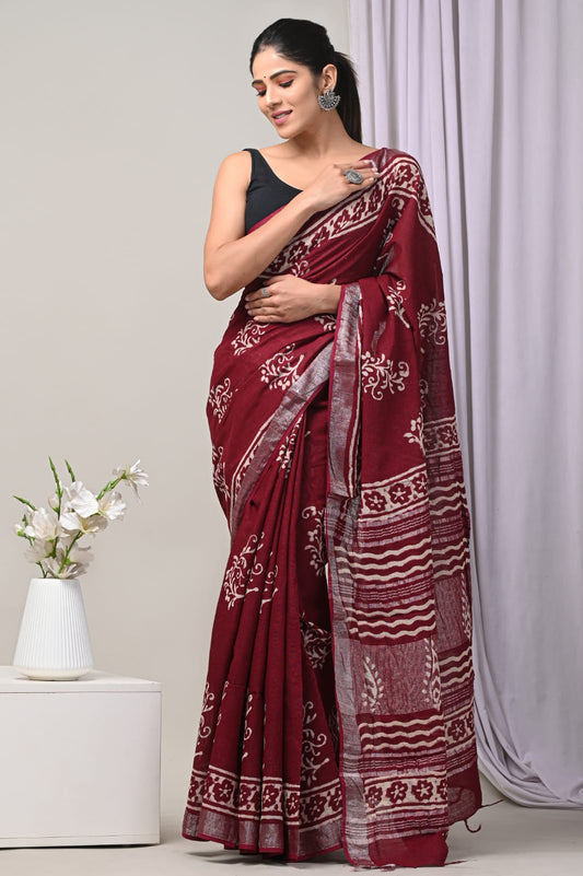 Sparkling Tale Handblock Printed Linen Saree