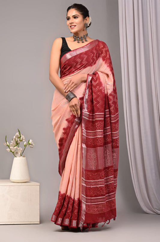 Lavender Dawn Handblock Printed Linen Saree