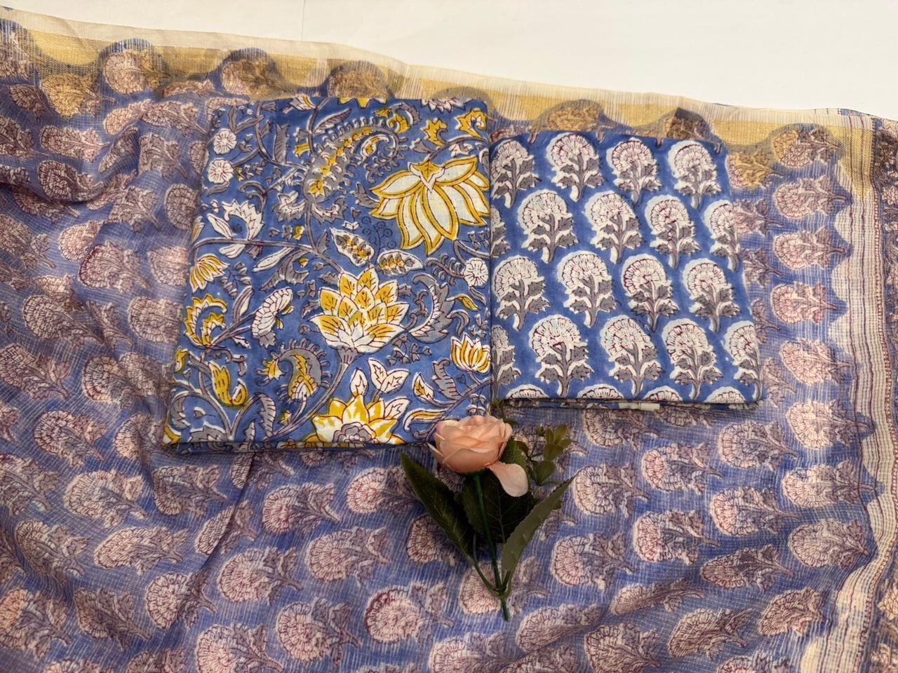 SootSaga – Handblock Printed Cotton Suit Set with Kota Doriya Dupatta