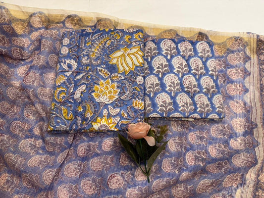 SootSaga – Handblock Printed Cotton Suit Set with Kota Doriya Dupatta