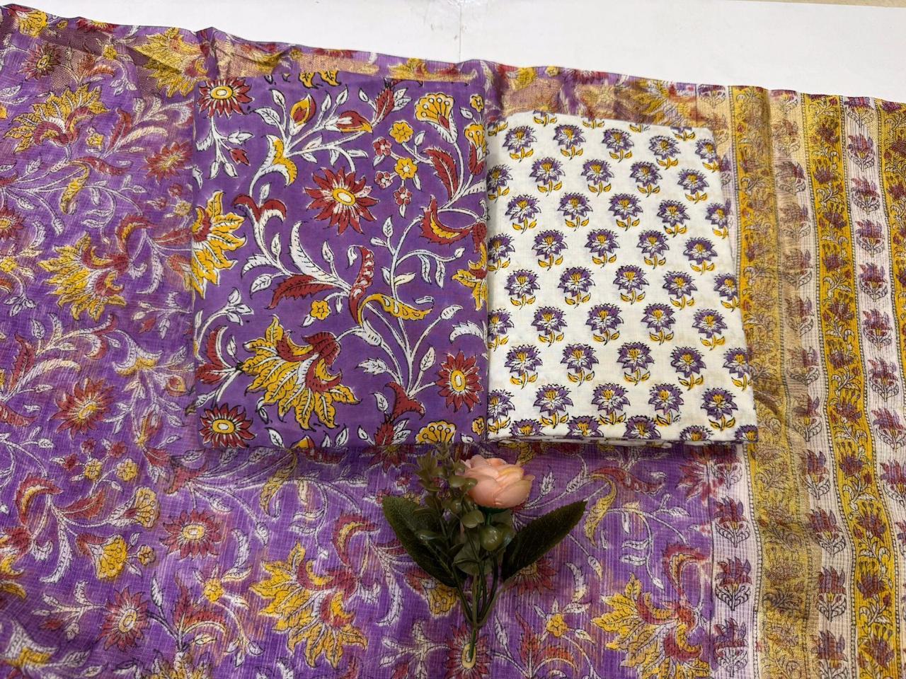 Tulip - Handblock Printed Cotton Suit Set with Kota Doriya Dupatta