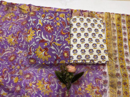 Tulip - Handblock Printed Cotton Suit Set with Kota Doriya Dupatta