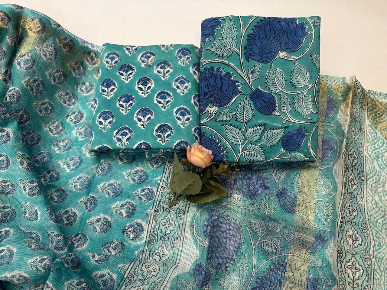 SootSutra – Handblock Printed Cotton Suit Set with Kota Doriya Dupatta