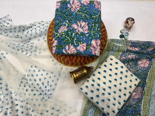 Anokhi Ada – Handblock Printed Cotton Suit Set with Chiffon Dupatta