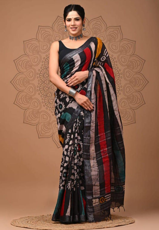 Moonstone Spark Handblock Printed Linen Saree