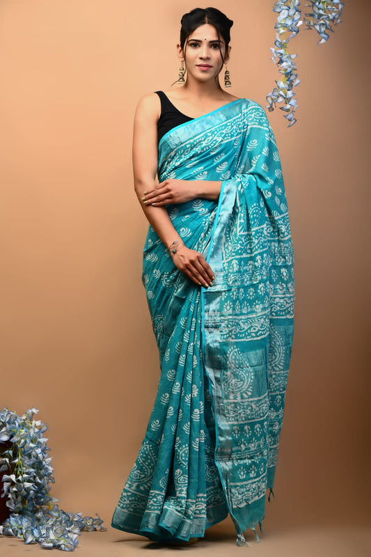 Whisper Garden Handblock Printed Linen Saree