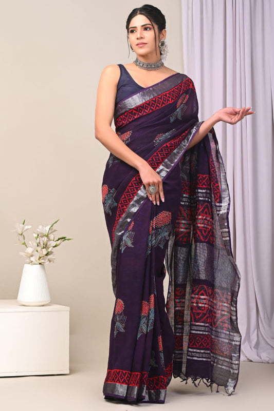 Topaz Lotus Handblock Printed Linen Saree