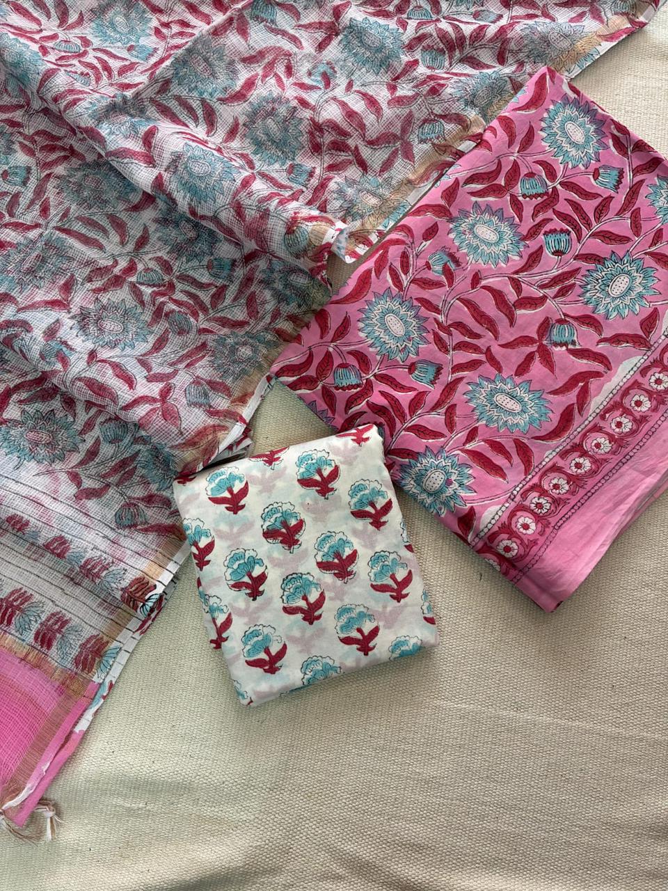WovenWhispers – Handblock Printed Cotton Suit Set with Kota Doriya Dupatta