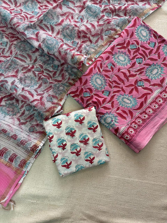 WovenWhispers – Handblock Printed Cotton Suit Set with Kota Doriya Dupatta