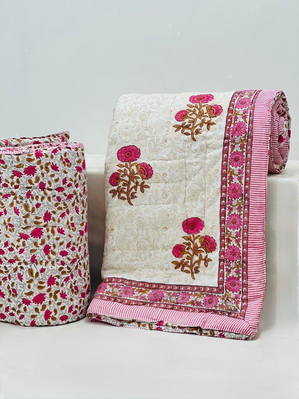 Rosy Quilt - Handblock Printed King Size Quilt Razai