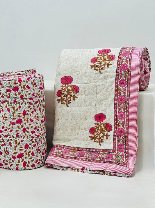 Rosy Quilt - Handblock Printed King Size Quilt Razai