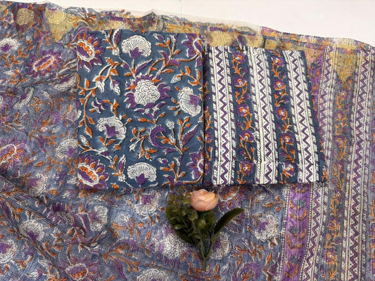 Baigani - Handblock Printed Cotton Suit Set with Kota Doriya Dupatta